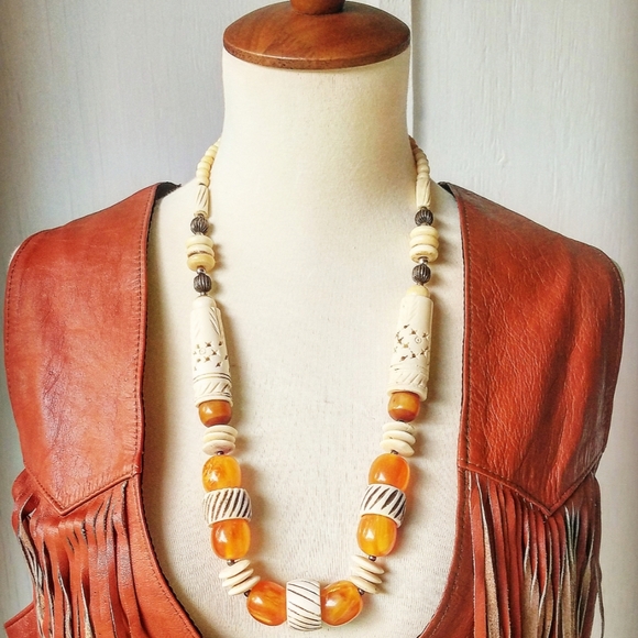 Vintage Carved Bone & Amber Beaded Necklace - Picture 1 of 6